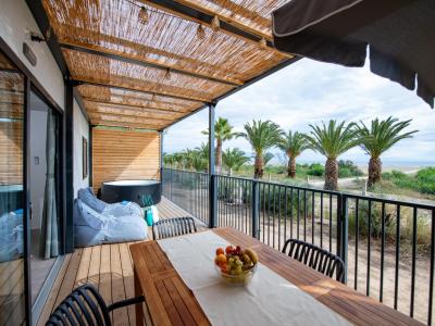 Terrasse avec vue sur la mer, palmiers et jacuzzi.