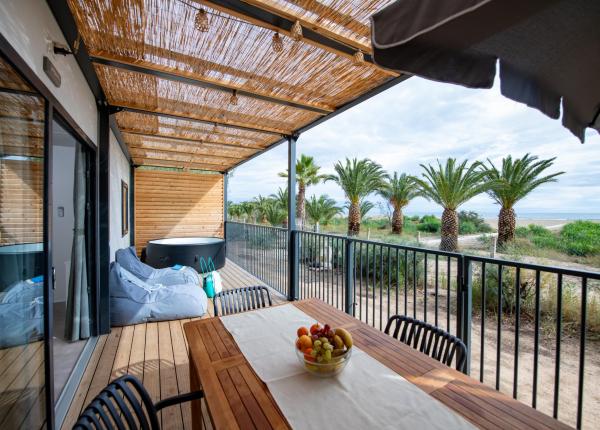 Terrasse avec vue sur la mer, palmiers et jacuzzi.